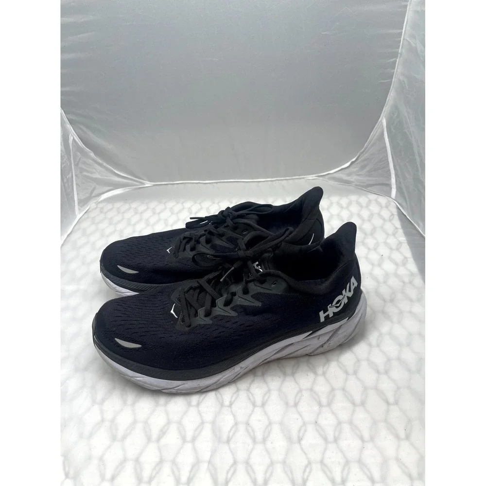 HOKA One One Clifton 8‎ Sneakers Mens US 10.5 Black White Knit Running Shoes